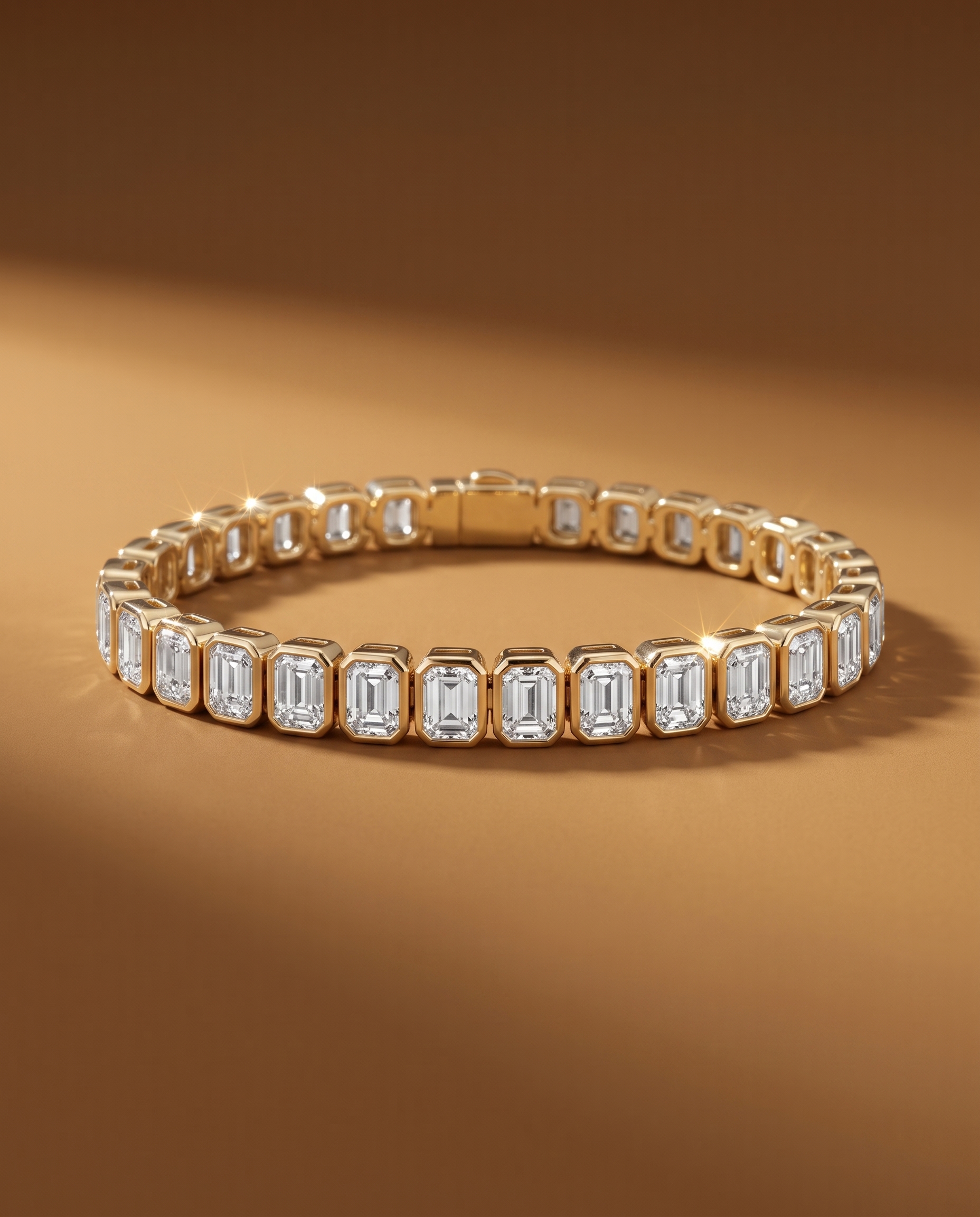 สร้อยข้อมือเพชรแท้ทรงสี่เหลี่ยมผืนผ้า Emerald Cut ฝังหุ้มแบบ Bezel Setting บนตัวเรือนทองคำสีทอง