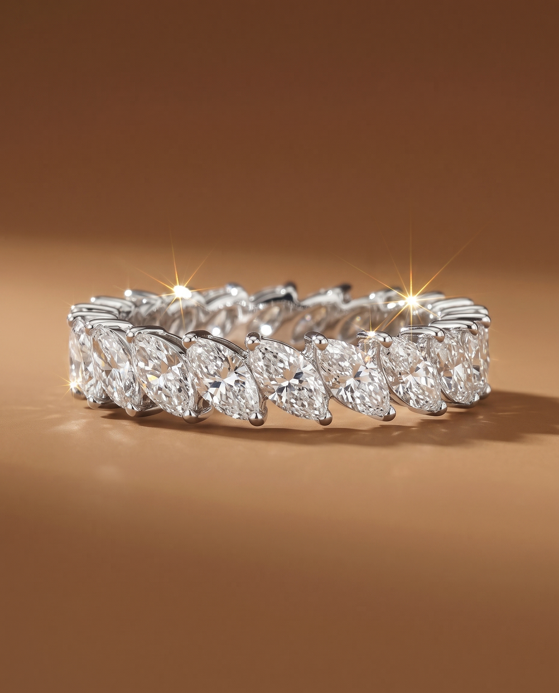แหวนเพชรแท้รอบวง Marquise Cut Eternity Ring ดีไซน์เพชรทรงมาคีเรียงเฉียงสลับบนตัวเรือนทองคำขาว