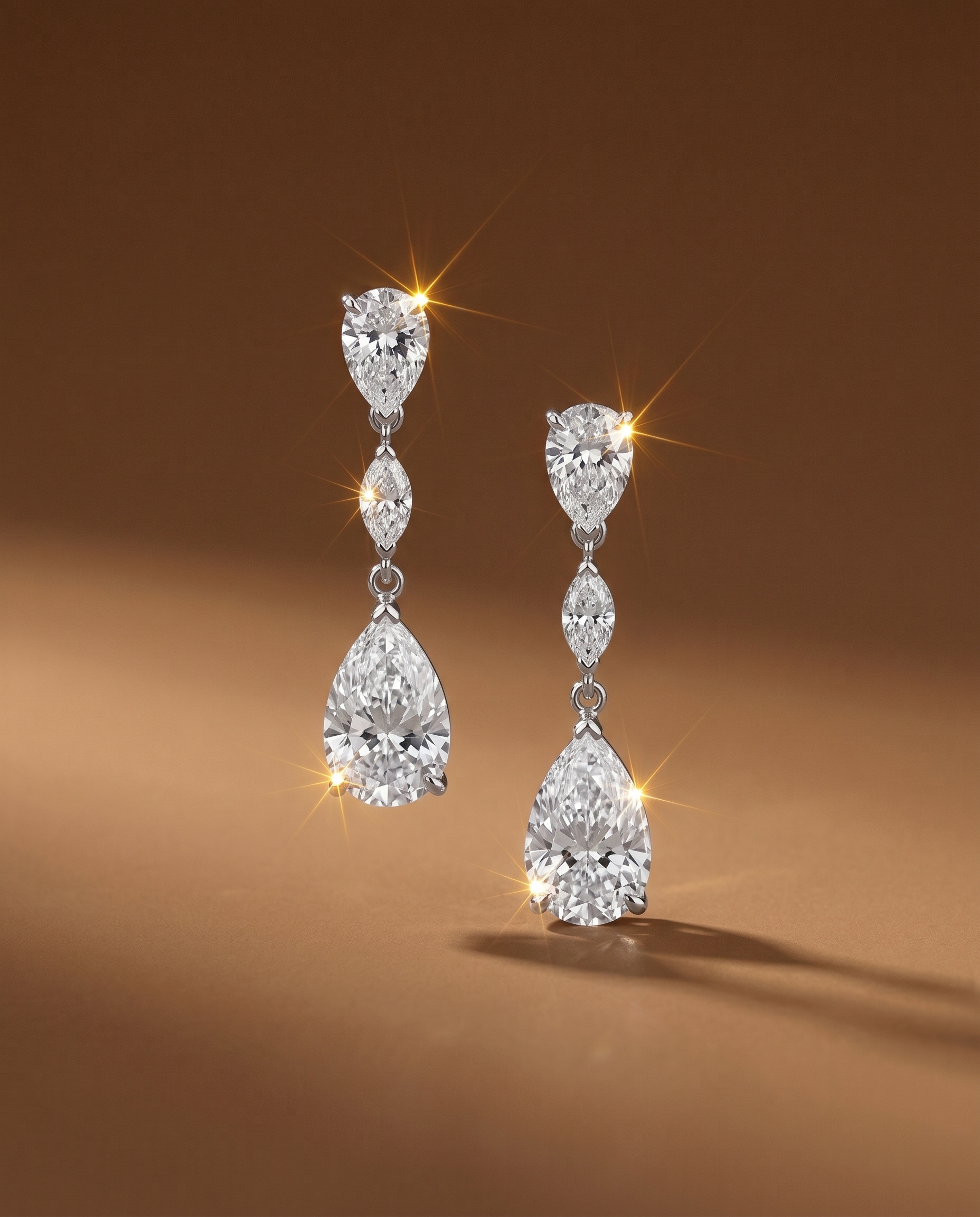 ต่างหูเพชรระย้า เพชรแท้ทรงหยดน้ำ Pear Cut และทรงมาร์คีส์ Marquise Cut บนตัวเรือนทองคำขาว