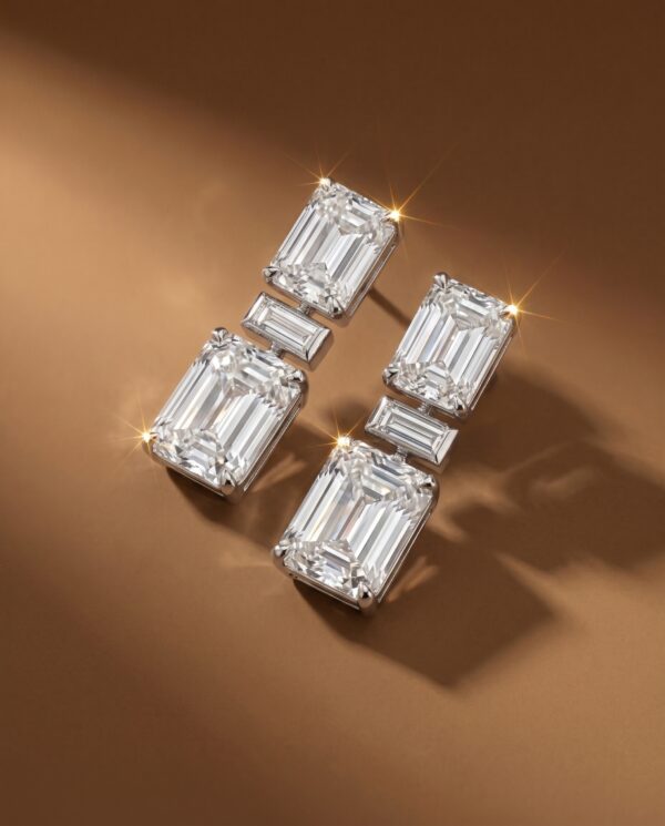 ต่างหูเพชรระย้า เพชรทรง Emerald Cut และ Baguette ตัวเรือนทองคำขาว