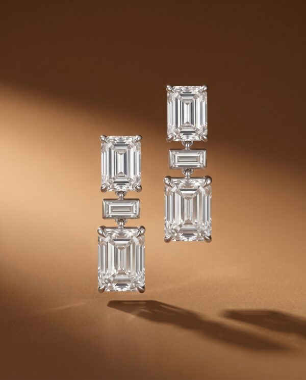 ต่างหูเพชรระย้า เพชรทรง Emerald Cut และ Baguette ตัวเรือนทองคำขาว