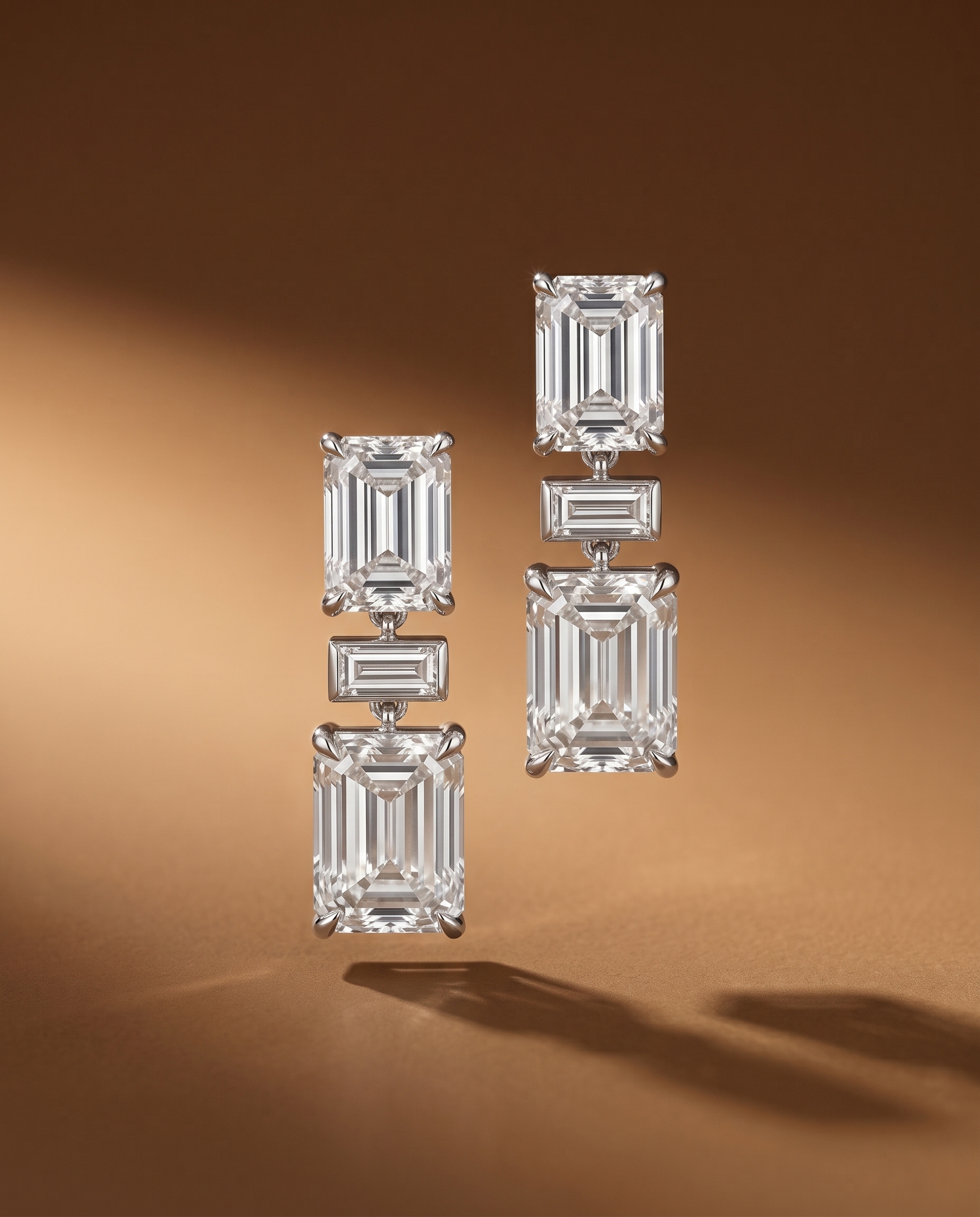 ต่างหูเพชรระย้า เพชรทรง Emerald Cut และ Baguette ตัวเรือนทองคำขาว